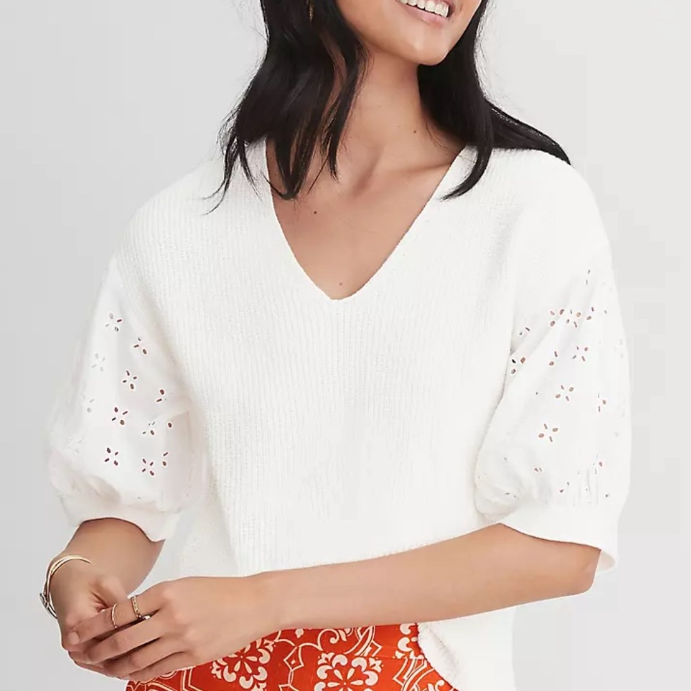 Eyelets Puff Sleeve Mixed Media Sweater: Ann Taylor